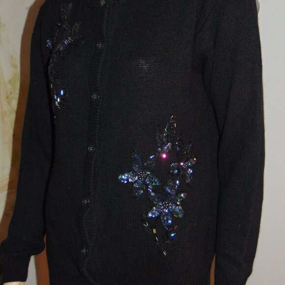 Vintage Amanda Smith Sweater Large Black Sequin Silk Angora Rabbit Cardigan L - Picture 4 of 9